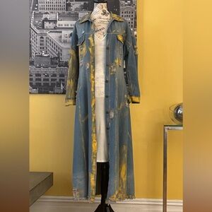 Distressed Hand-Painted Denim Maxi Duster Jacket w. Gold Finish